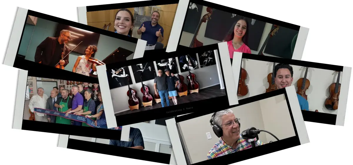 A collage of photos from five years of Bosky Strings, including the grand opening ribbon cutting, students with their instruments, double basses in the showroom, and recording in the studio