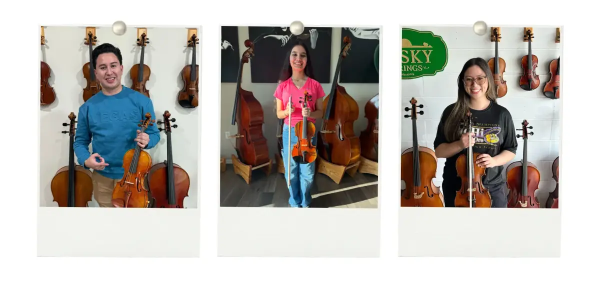 Three Bosky Strings students holding their violins in the shop, shown as pinned photos